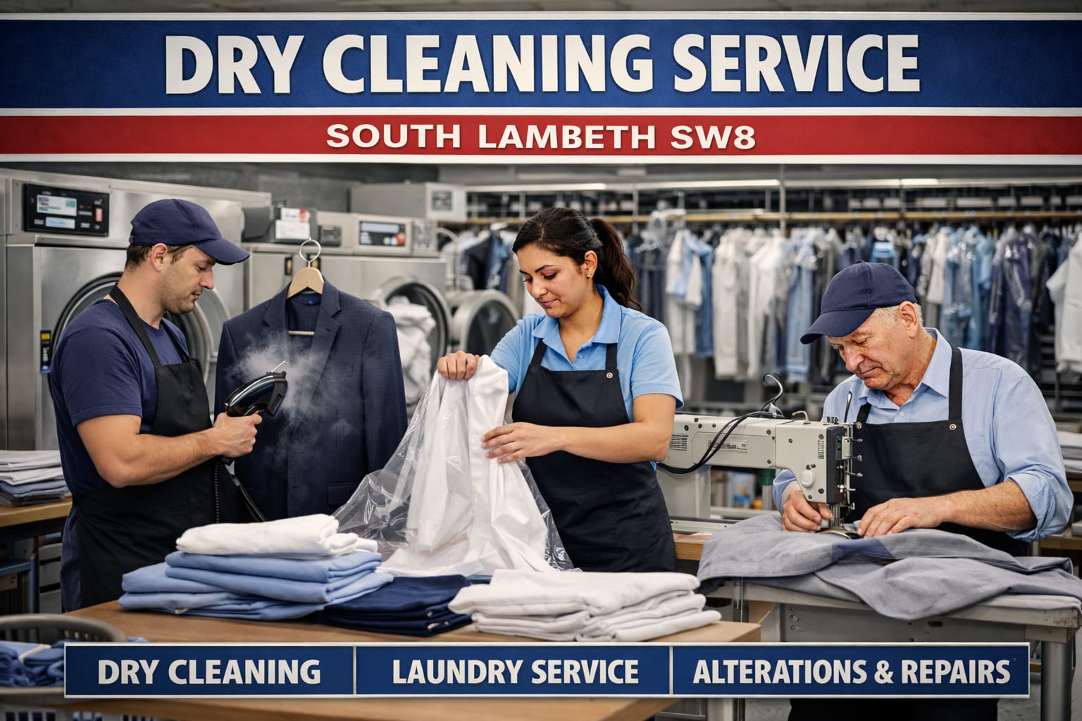 The Big Wash team in South Lambeth SW8 providing comprehensive dry cleaning, laundry service, and clothing alterations with professional steaming, packaging, and tailoring services